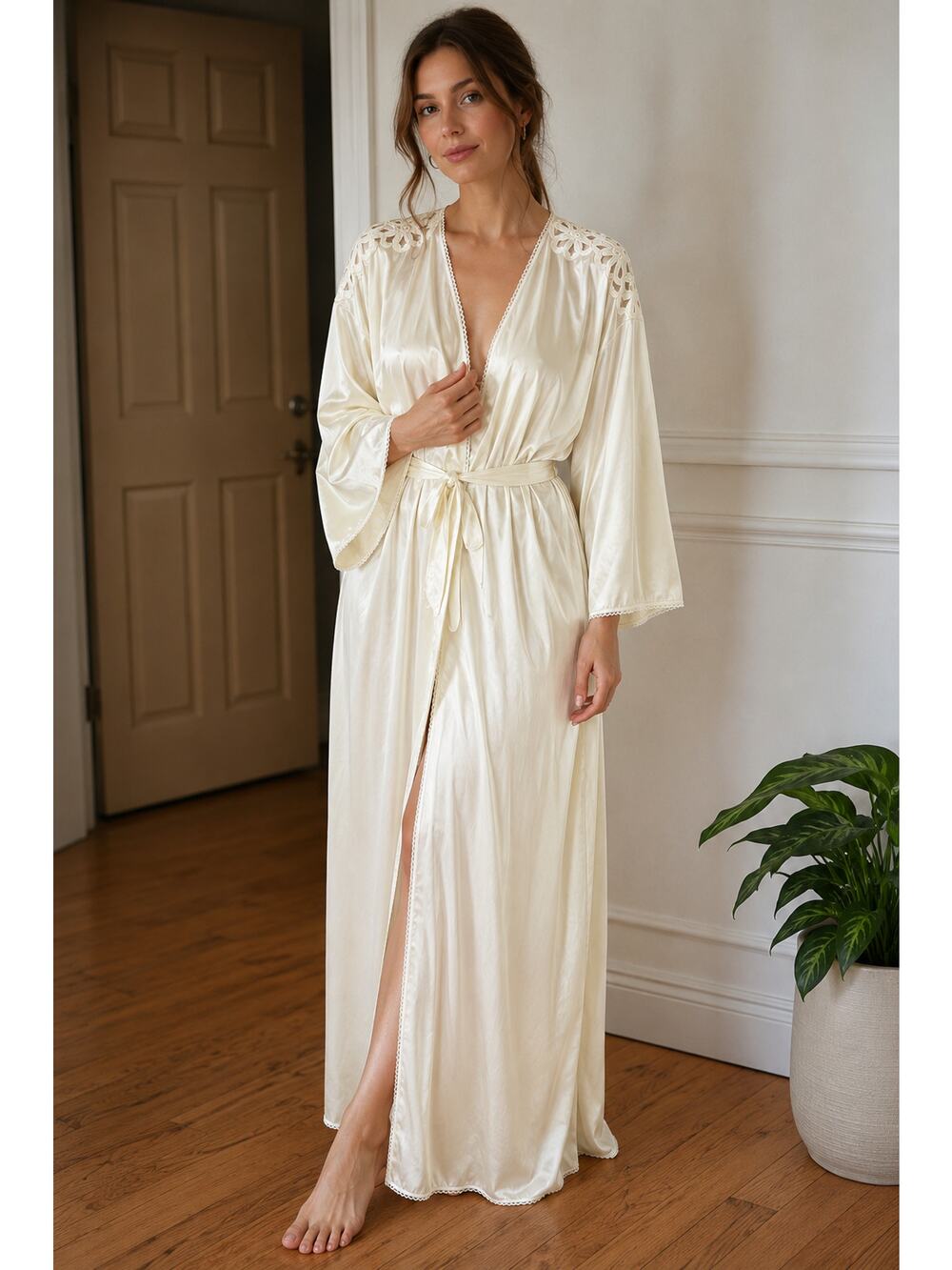 Peignoir Robe USA Made Nylon Lace Trim Long Bridal Loungewear Size Medium